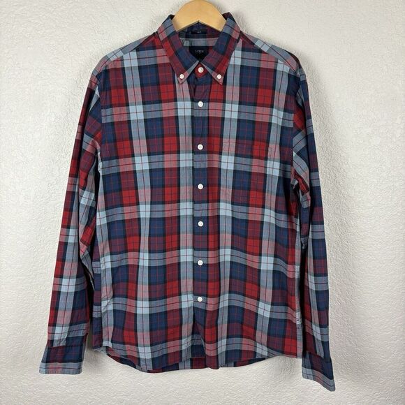 J Crew Red Blue Plaid Men’s Button Up Shirt Size Large Slim Business Preppy Work - Picture 1 of 7